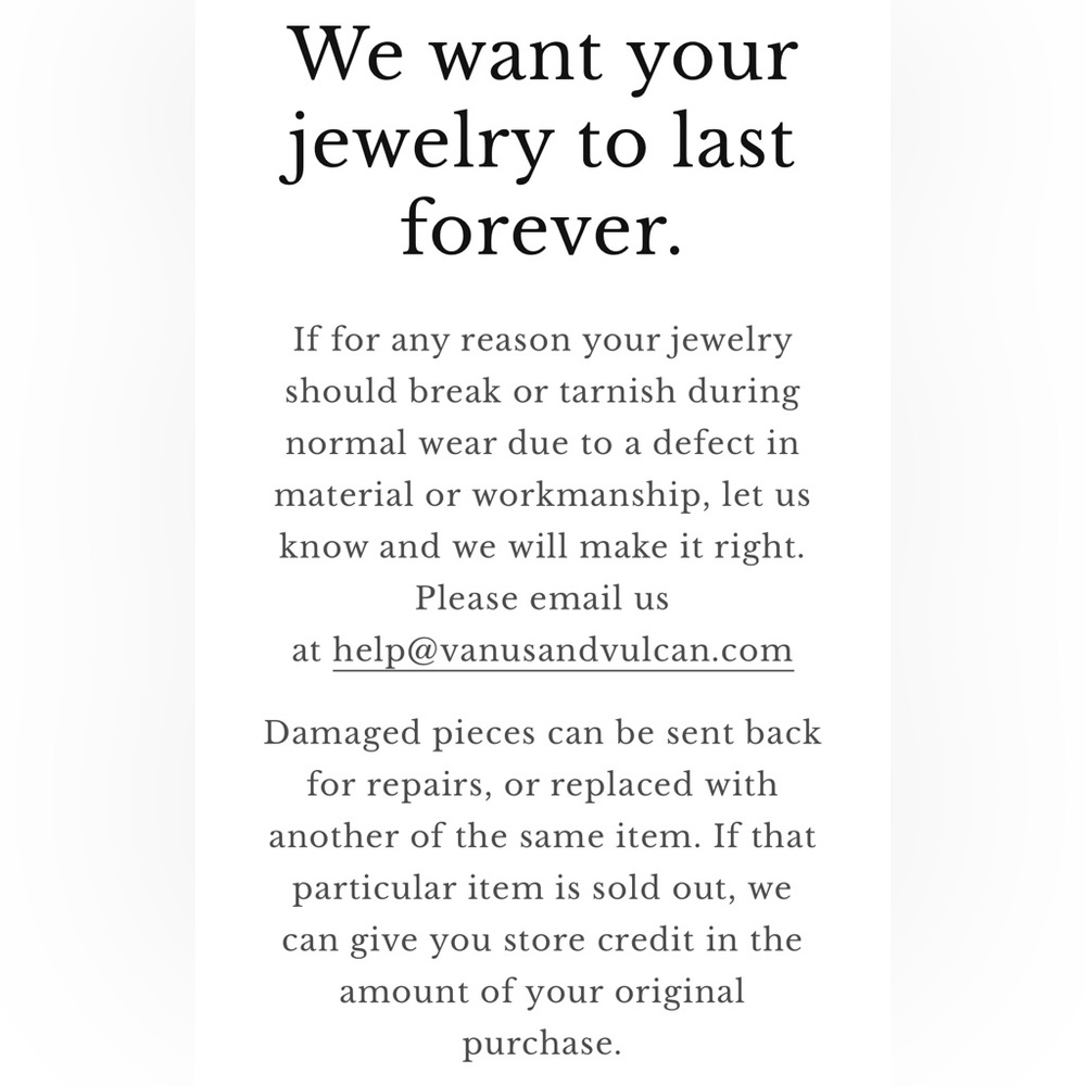 Venus and Vulcan Guarantee & Care Policy